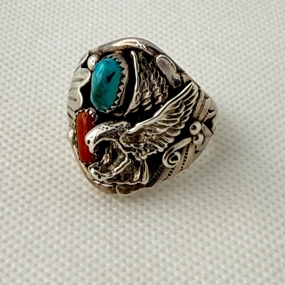 Richard Begay Navajo Eagle Ring Turquoise Coral Sterling Silver Size 13
